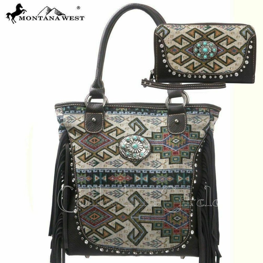 Montana West Western Aztec Fringe Grey Handbag Set